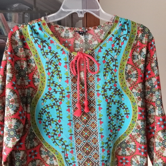 MLW bohemian Neck Tie Vintage Printed Coverup Shift Dress Tunic sz M - Picture 2 of 7